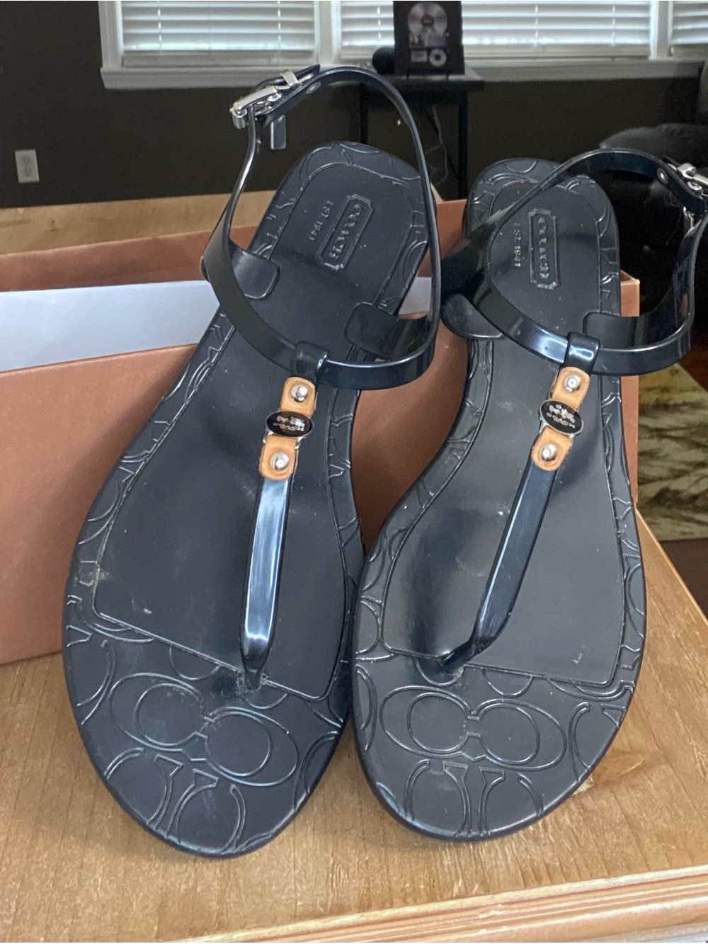 Coach Black Jelly T-Strap Sandals with Gold Accents